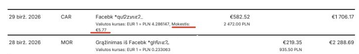Bank commission fee visible in the bank statement